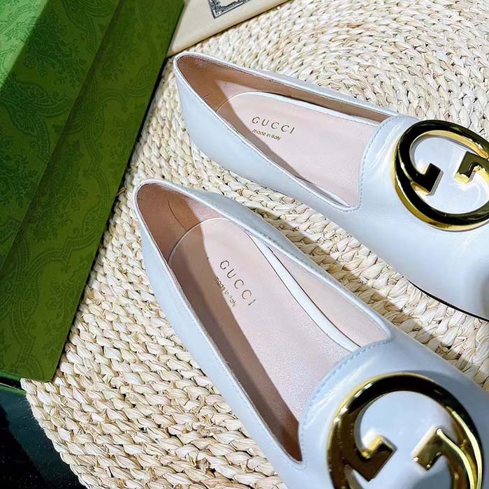 Gucci Women GG Blonde Ballet Flat White Round Interlocking G Leather