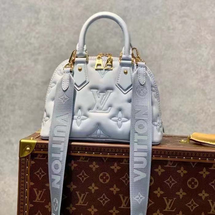 Louis Vuitton LV Women Alma BB Handbag Blue Quilted Embroidered Smooth Calf Leather