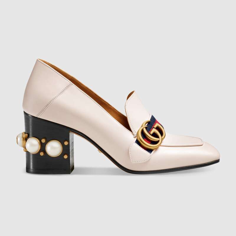 Gucci Women Leather Mid-Heel Loafer 3″ Heel-White