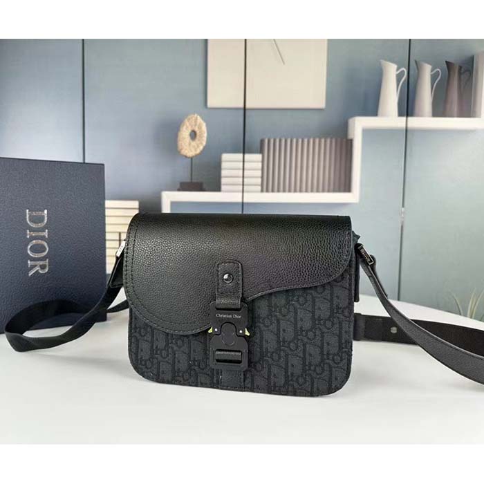 Dior Unisex CD Mini Saddle Bag Strap Black Oblique Jacquard Grained Calfskin