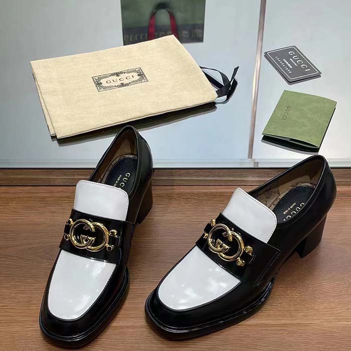 Gucci Women GG Loafer Interlocking G Black White Leather Mid 6 Cm Heel