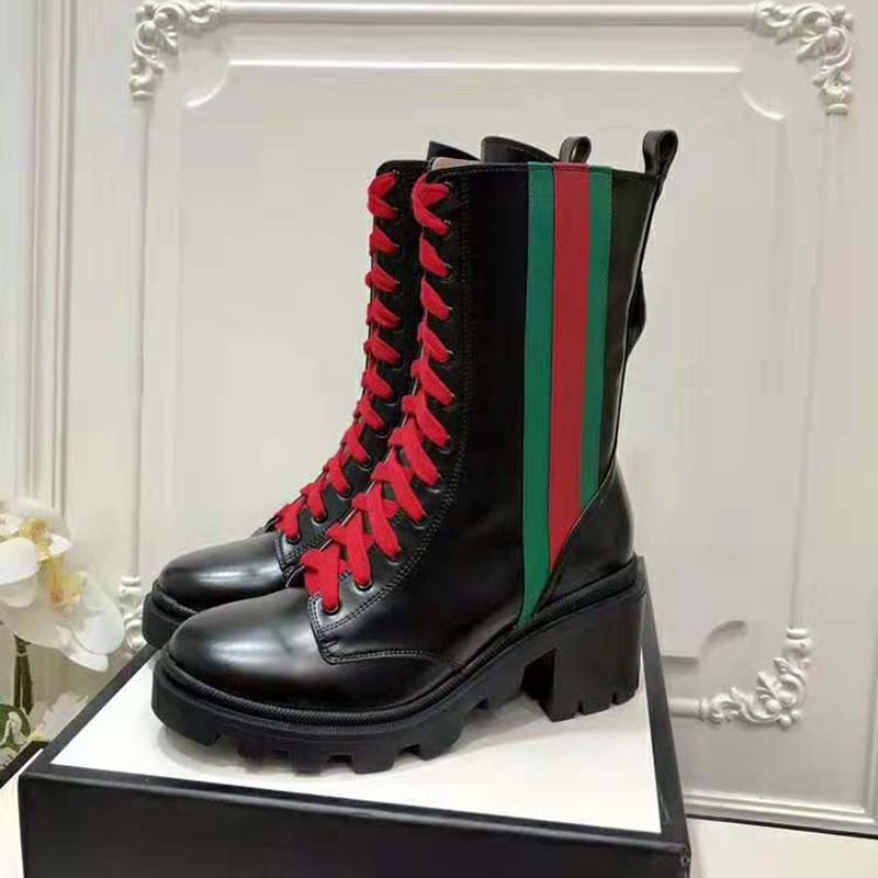 Gucci Women Gucci Leather Ankle Boot with Web in Black Shiny Leather 4.8 cm Heel