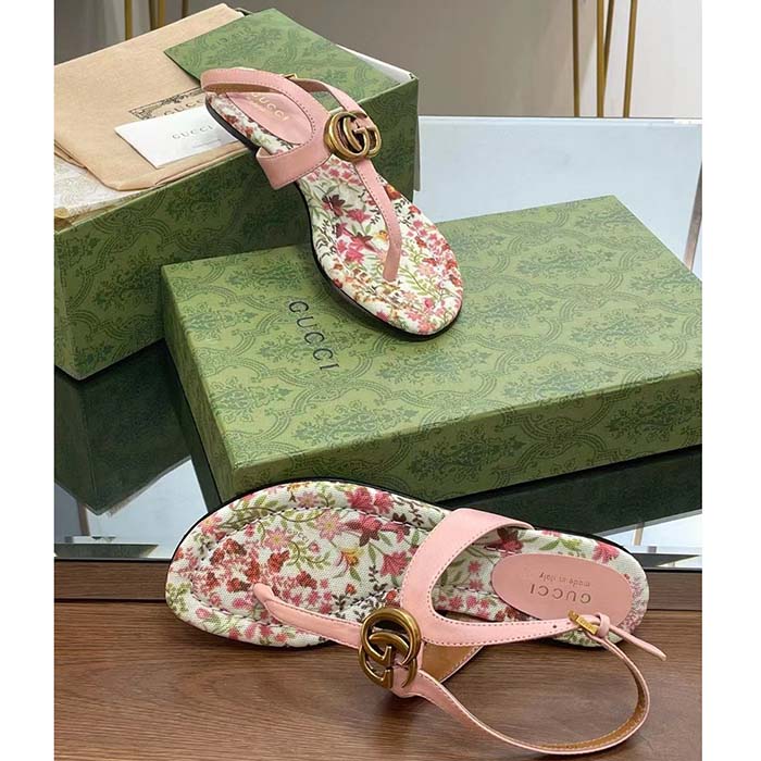Gucci Women GG Double G Thong Sandal Pink Leather Flat 0.5 CM Heel