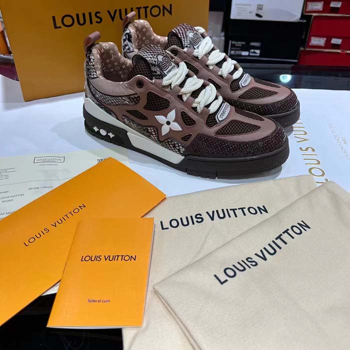 Louis Vuitton LV Unisex Skate Sneaker Brown Mesh Python-Like Embossed Leather Double Laces Rubber