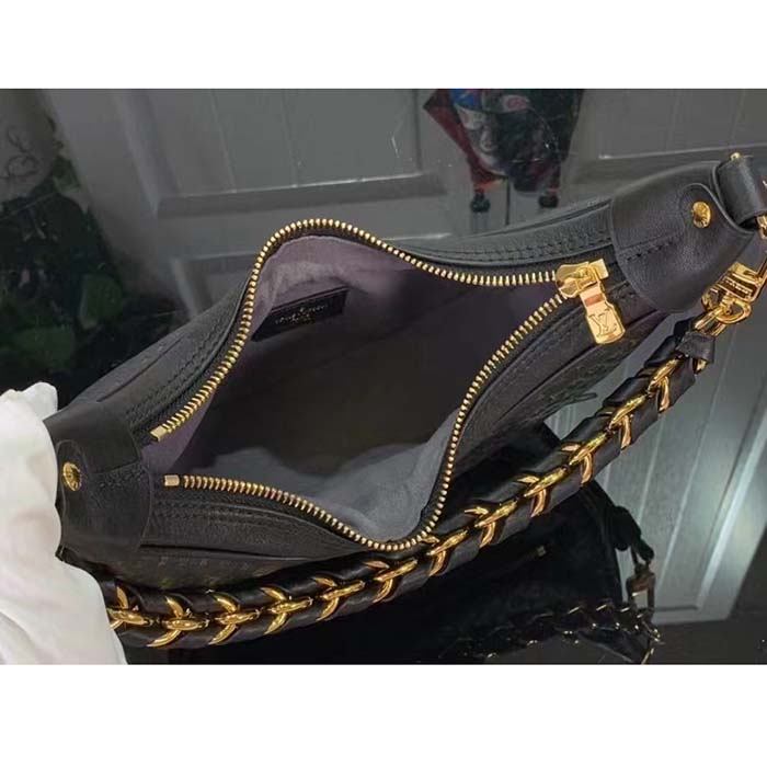 Louis Vuitton LV Women Loop Half-Moon Baguette Bag Black Calfskin Monogram Flowers