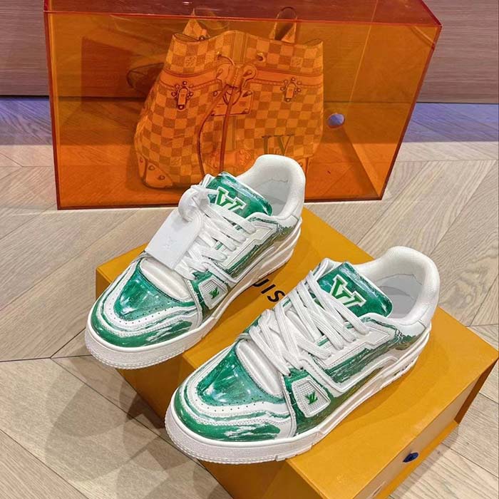 Louis Vuitton LV Unisex Trainer Sneaker Green Printed Calf Leather Rubber Outsole Monogram Flowers