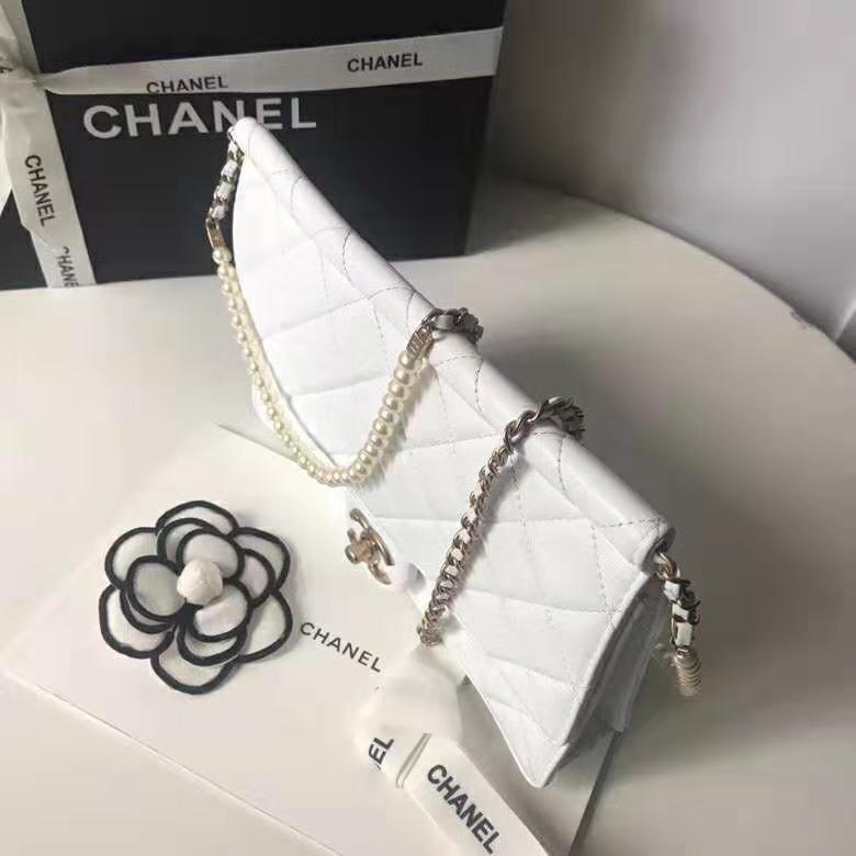 Chanel Women Flap Bag White Ringer Pearl in Goatskin Leather