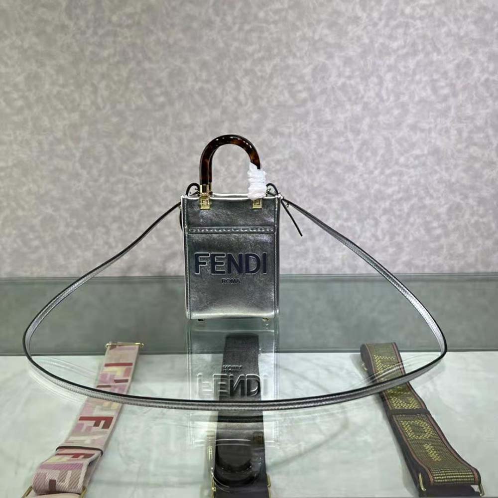 Fendi Women Mini Sunshine Shopper Silver Laminated Leather Shopper