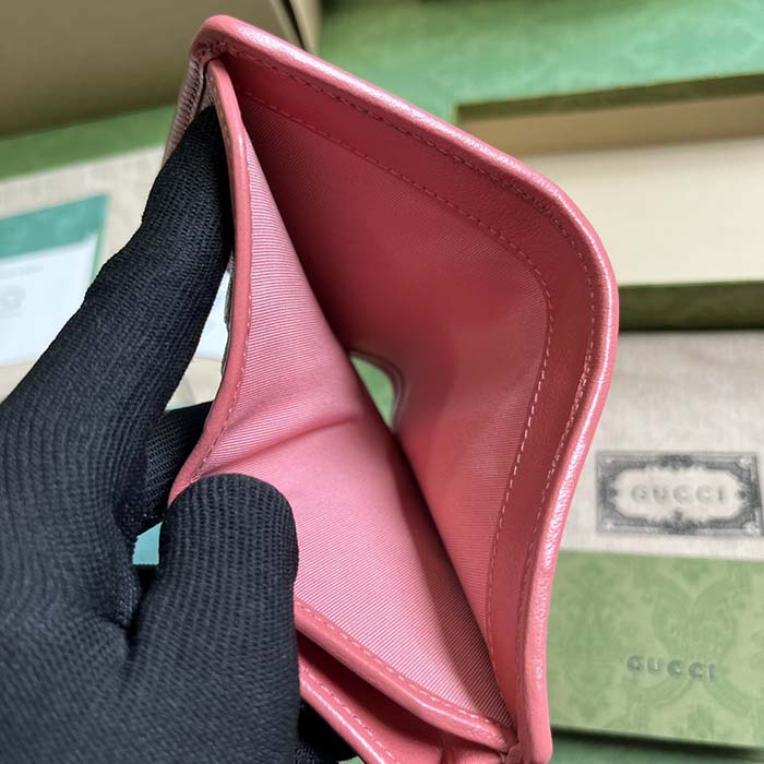 Gucci GG Unisex Blondie Card Case Wallet Pink Leather Taffeta Lining Round Interlocking G