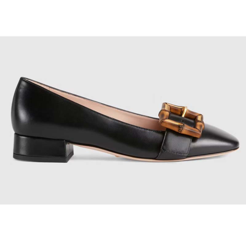 Gucci Women’s GG Ballet Flat Bamboo Buckle Black Leather Round Toe Chunky Heel