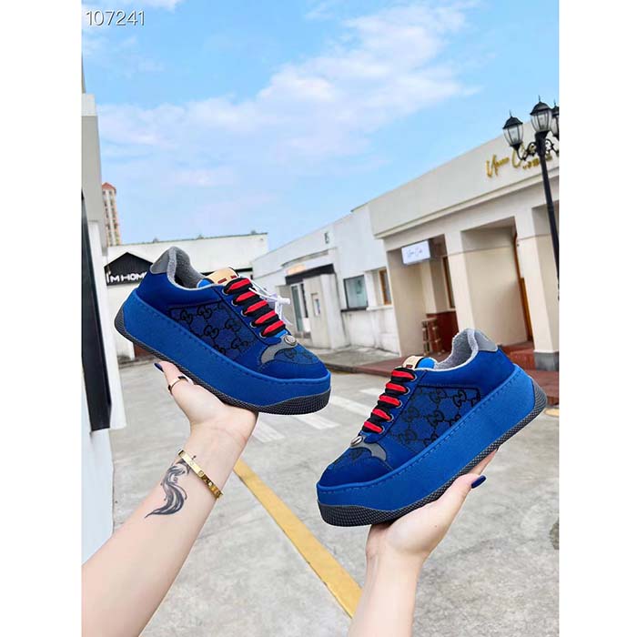 Gucci Unisex Screener GG Sneaker Blue Black Canvas Suede Dark Grey Leather Low Heel