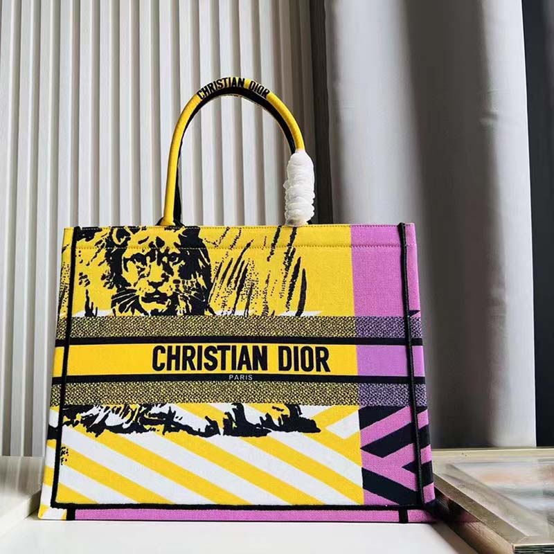 Dior Unisex CD Large Book Tote Yellow Pink D-Jungle Pop Embroidery
