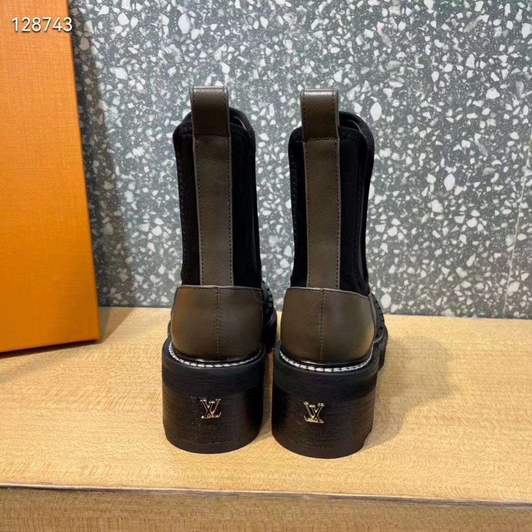 Louis Vuitton Women Shoes LV Beaubourg Ankle Boot Khaki Green Calf Leather Neoprene