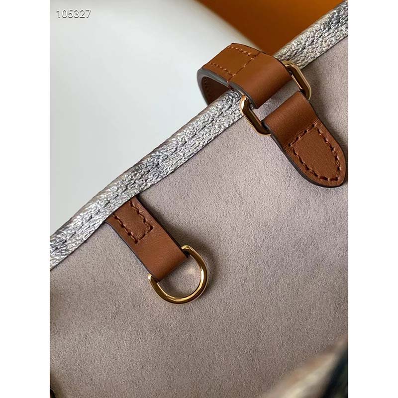 Louis Vuitton LV Women OnTheGo MM Tote Silver Coated Canvas Cowhide Leather