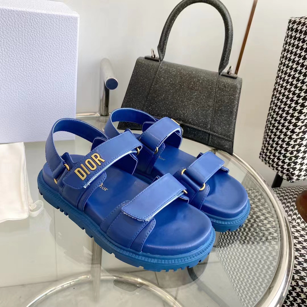 Dior Unisex Shoes DiorAct Sandal Royal Blue Lambskin Gold-Finish Metal DIOR Signature