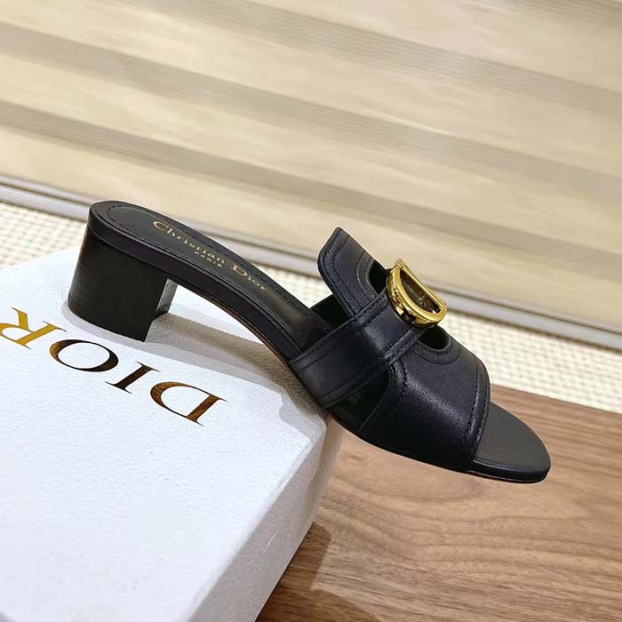 Dior Women CD Sandals 30 Montaigne Heeled Slide Black Calfskin Tonal Edge Dye