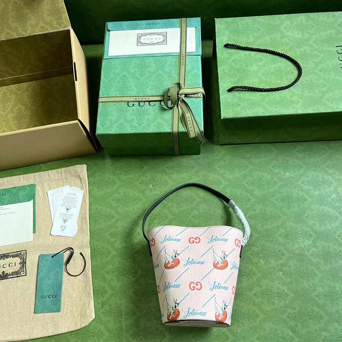 Gucci Unisex Printed Bucket Bag GG The Jetsons Print Pink Blue Supreme Canvas