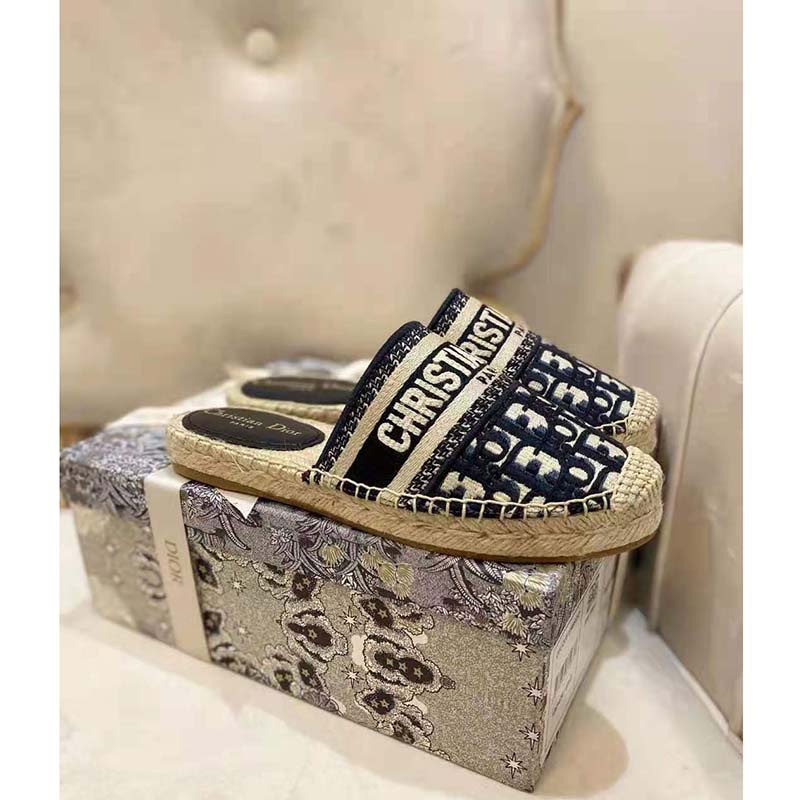 Dior Women Dior Granville Mule Deep Blue Dior Oblique Embroidered Cotton