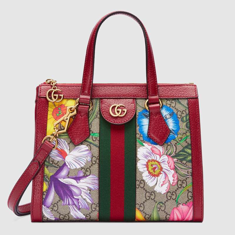 Gucci GG Women Ophidia GG Flora Small Tote Bag in Beige/Ebony GG Supreme Canvas