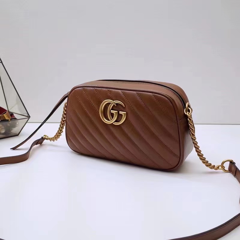 Gucci Women GG Marmont Small Matelassé Shoulder Bag Brown Leather Double G