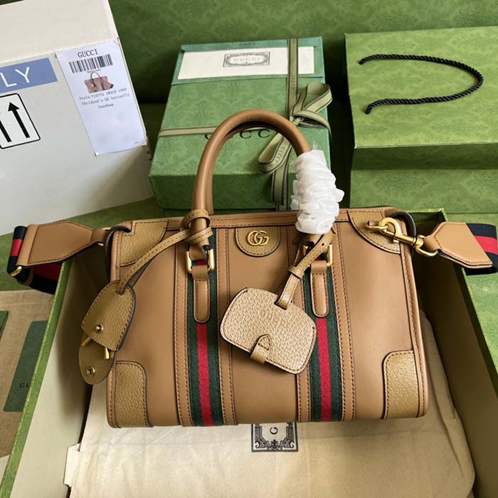 Gucci Unsiex GG Bauletto Small Top Handle Bag Light Brown Smooth Leather