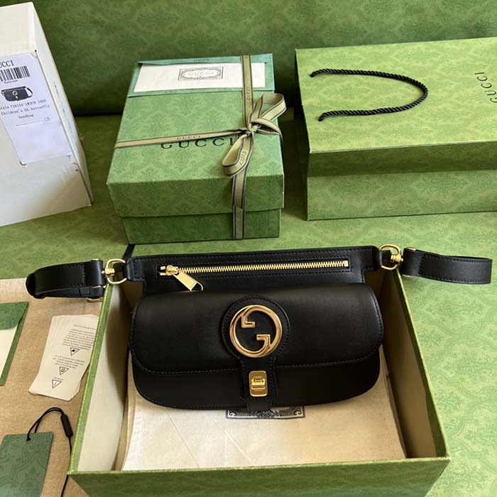 Gucci GG Women Blondie Belt Bag Black Leather Round Interlocking G