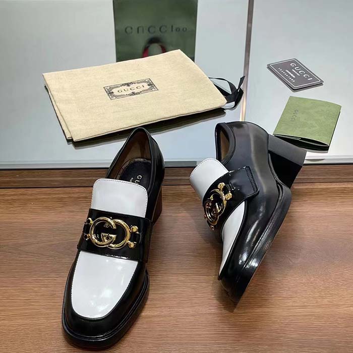 Gucci Women GG Loafer Interlocking G Black White Leather Mid 6 Cm Heel