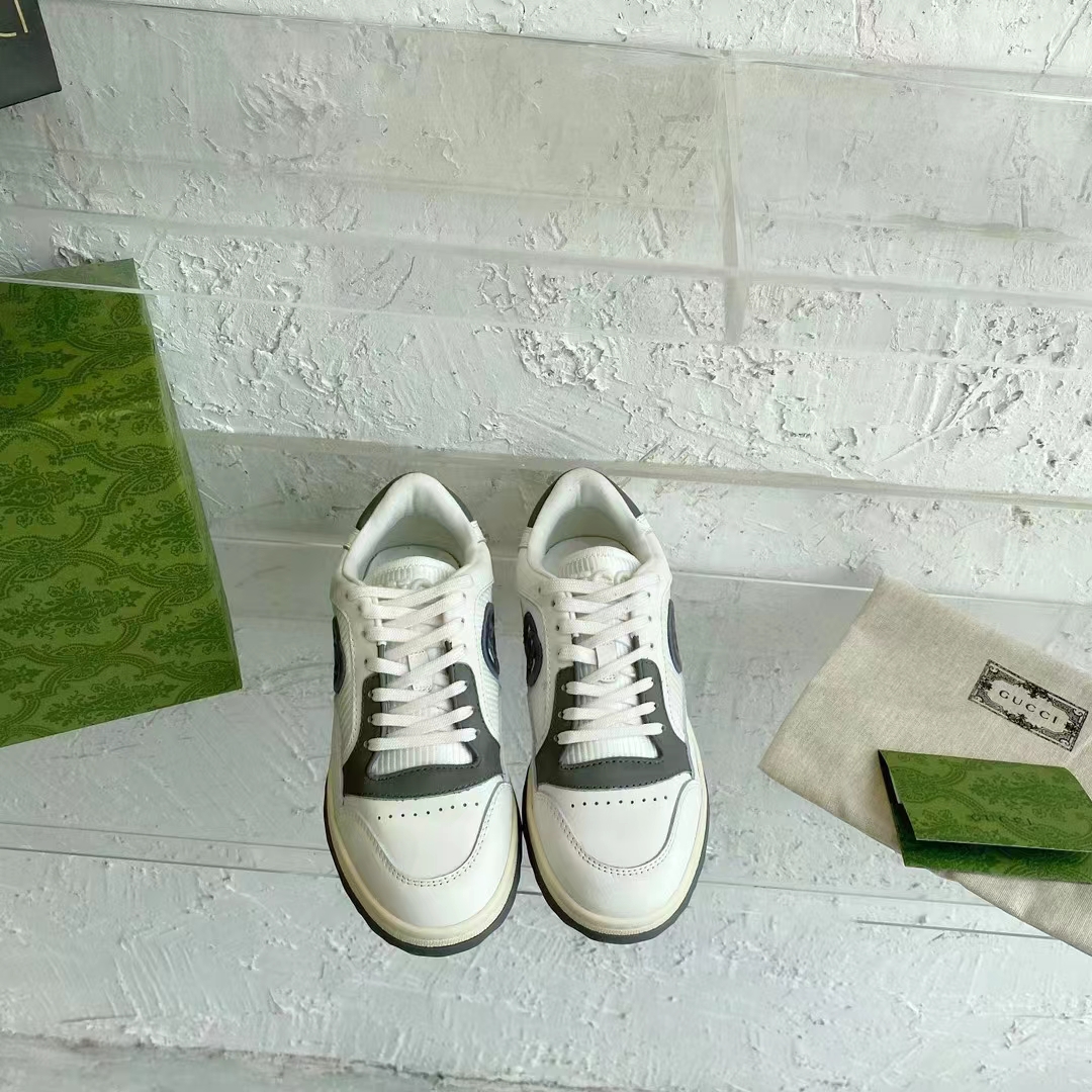Gucci Unisex GG MAC80 Sneaker Off White Grey Leather Round Toe Rubber Flat