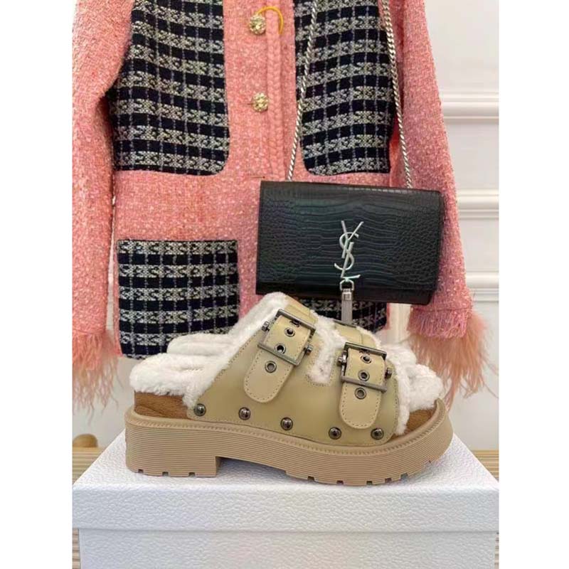 Dior Women Shoes CD Diorquake Strap Sandal Hazelnut Calfskin White Shearling