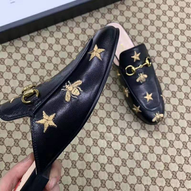 Gucci Women Princetown Embroidered Leather Slipper 1.27cm Heel-Black