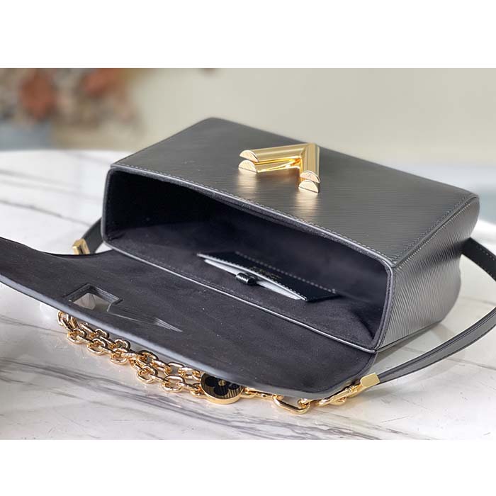 Louis Vuitton LV Women Twist MM Handbag Black Epi Grained Leather Monogram Flower