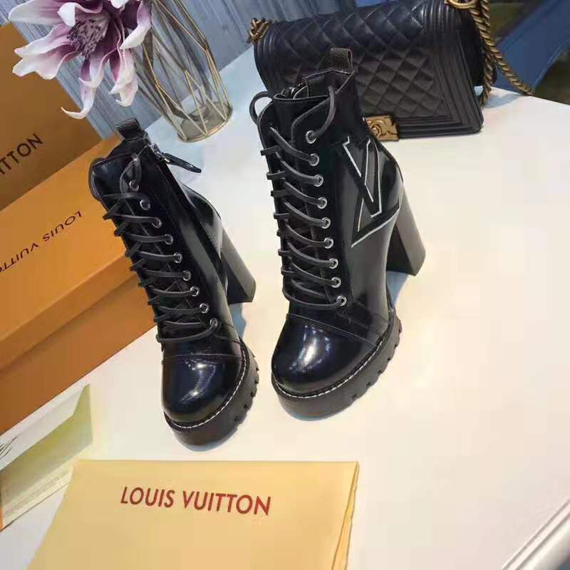 Louis Vuitton LV Women Star Trail Ankle Boot in Supple Black Calf Leather with Monogram Canvas-Black