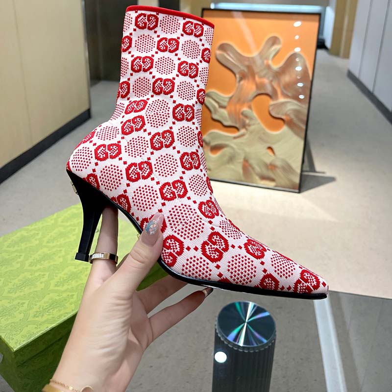Gucci Women GG Knit Ankle Boots Pink Red GG Technical Fabric Leather Mid-Heel