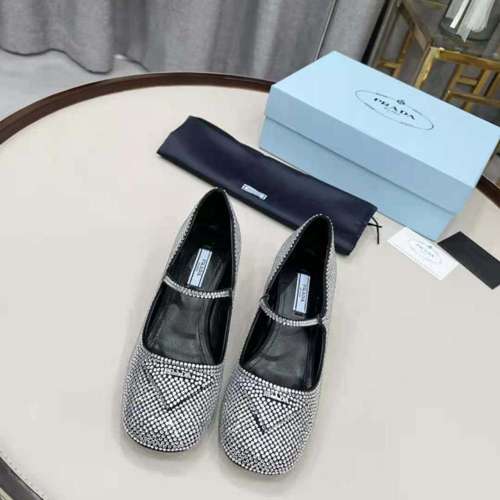 Prada Women Satin Pumps with Crystals in 45mm Heel Height-Silver