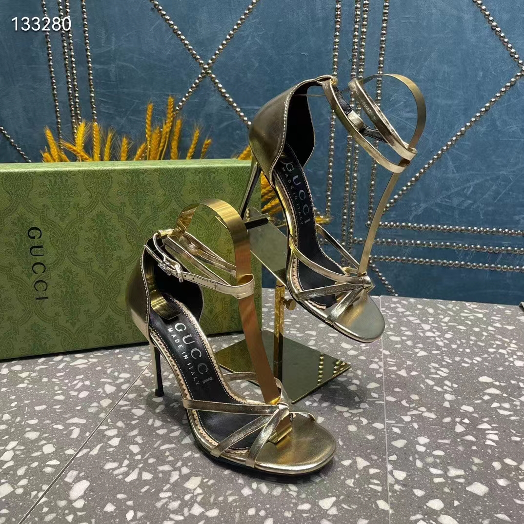 Gucci Women GG Strappy Sandal Double G Metallic Platinum Leather Crystal High 11 CM Heel