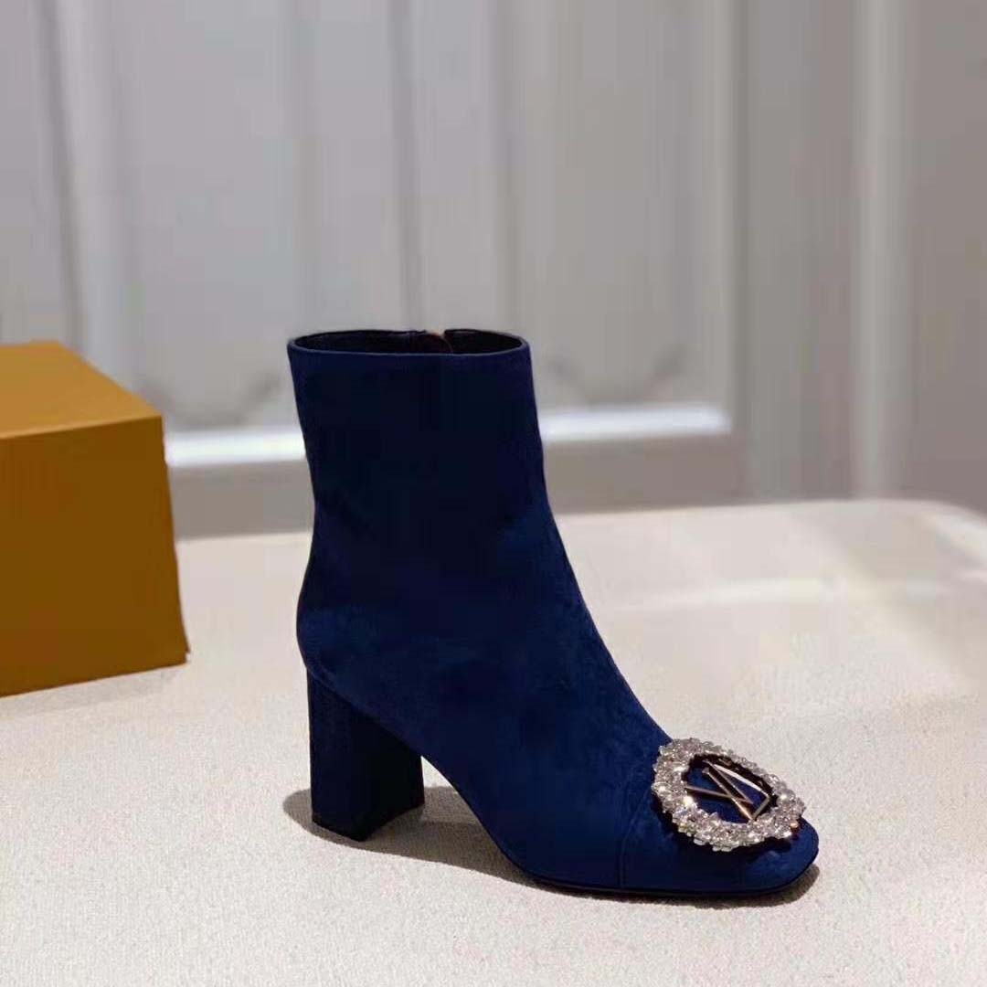 Louis Vuitton LV Women Madeleine Ankle Boot in Suede Baby Goat Leather 7.5 cm Heel-Blue