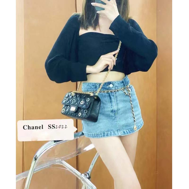 Chanel Women CC 2.55 Handbag Calfskin Strass Glass Pearls Gold Silver Tone Black