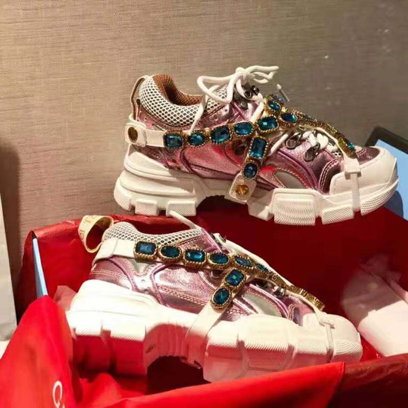 Gucci Unisex Flashtrek Sneaker with Removable Crystals in Pink Metallic Leather 5.6 cm Heel