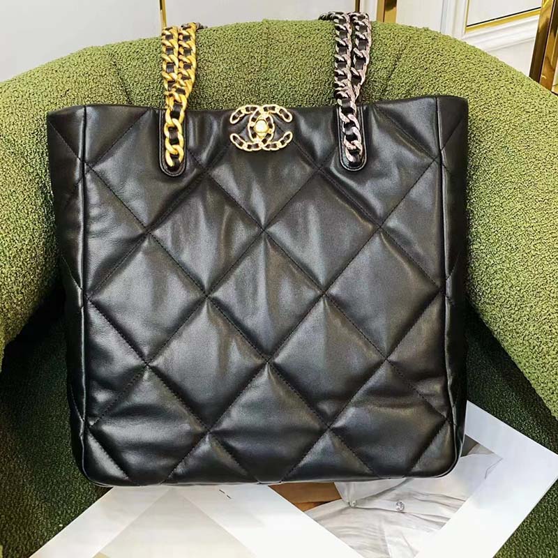 Chanel Women CC Chanel 19 Shopping Bag Lambskin Gold Silver-Tone Metal Black