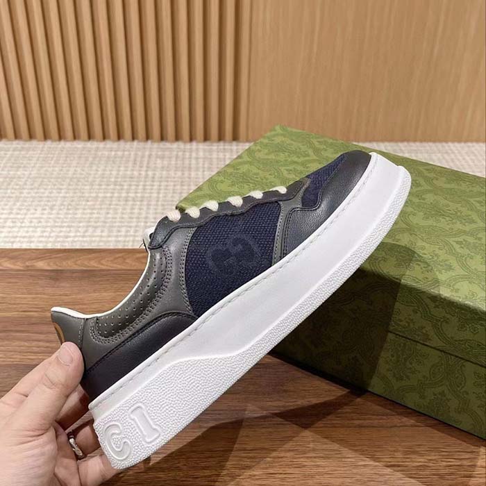 Gucci Unisex GG Lace Up Sneaker Grey Leather Blue Black GG Canvas