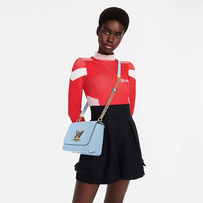 Louis Vuitton LV Women Twist MM Handbag Bleu Nuage Blue Epi Grained Leather