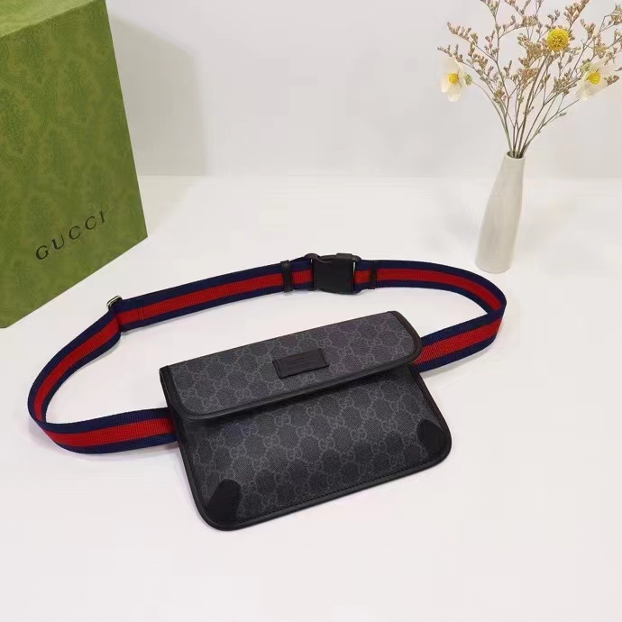 Gucci Unisex GG Black Belt Bag Black Grey GG Supreme Canvas Leather Trim