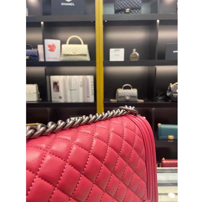 Chanel Women CC Leboy Flap Bag Chain in Calfskin Leather-Red