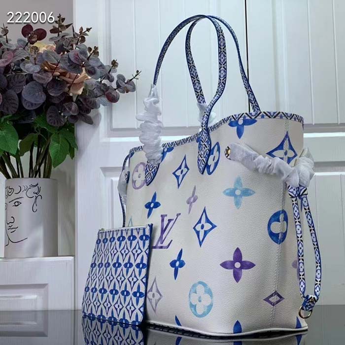 Louis Vuitton LV Unisex Neverfull MM Blue Monogram Coated Canvas Textile Lining