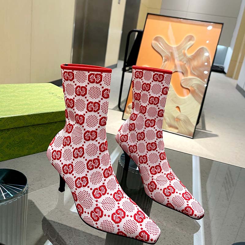 Gucci Women GG Knit Ankle Boots Pink Red GG Technical Fabric Leather Mid-Heel