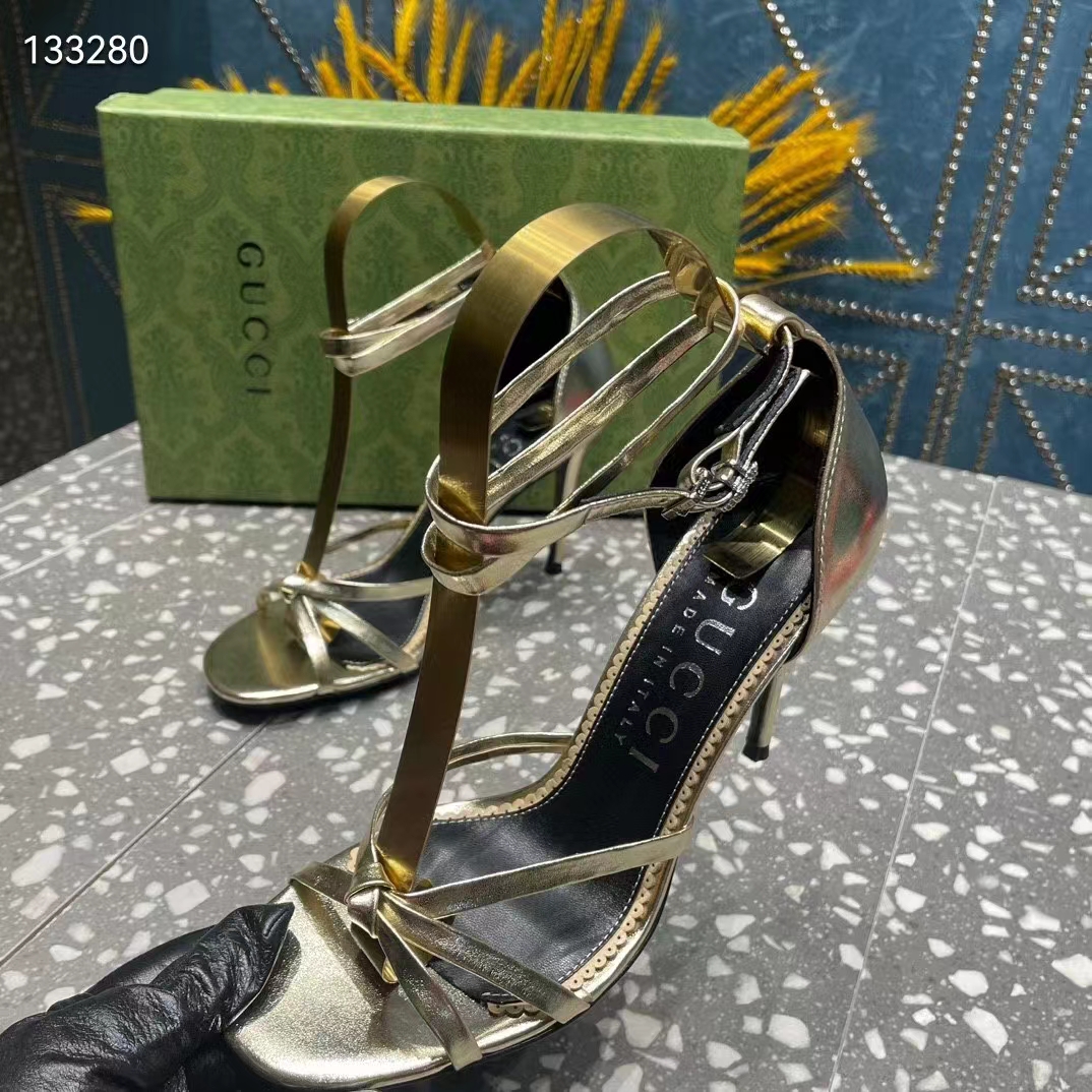 Gucci Women GG Strappy Sandal Double G Metallic Platinum Leather Crystal High 11 CM Heel