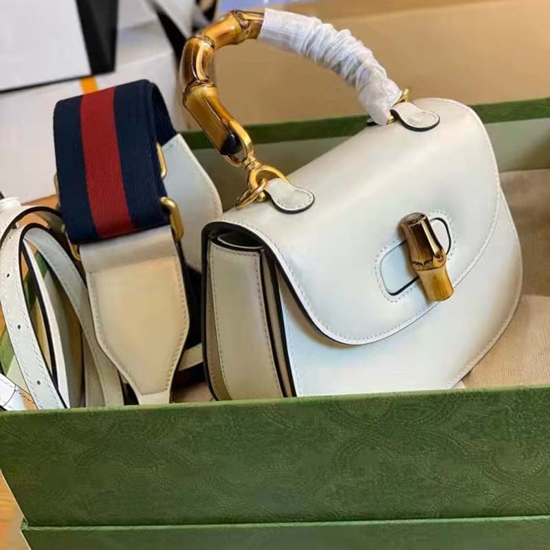 Gucci Women Gucci Bamboo 1947 Small Top Handle Bag White Leather Bamboo Hardware