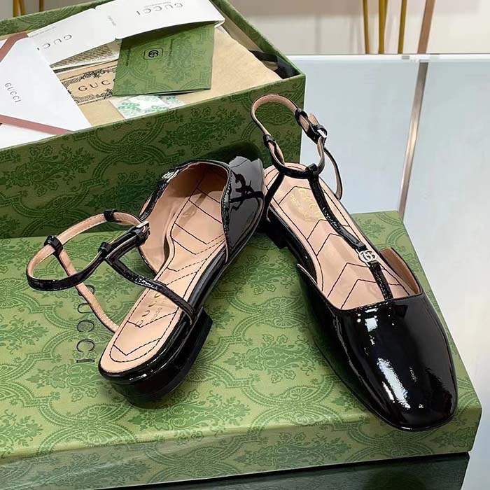 Gucci Women GG Double G Ballet Flat Black Patent Leather Square Toe