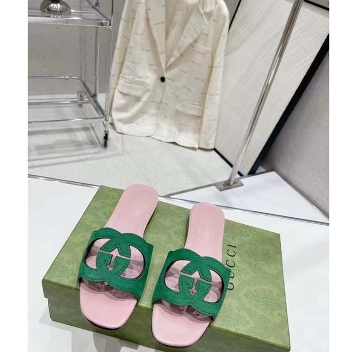 Gucci Unisex Interlocking G Cut-Out Slide Sandal Green Pink Suede Flat