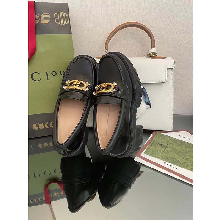 Gucci Women GG Lug Sole Interlocking G Loafer Black Patent Leather Low Heel Rubber